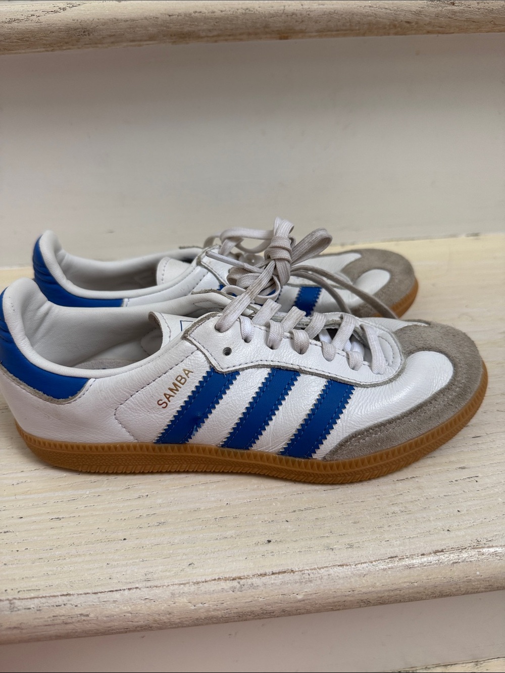 adidas Kids Samba Sneakers in White, Blue & Gum
